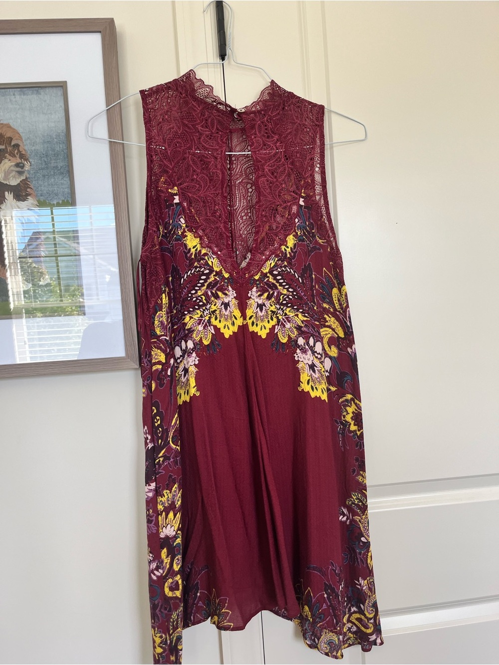 Free People Burgundy Floral Lace-Trim Sleeveless Dress